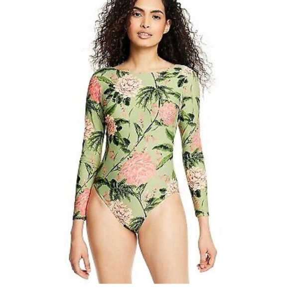 Long Sleeve Peony Floral Green and Pink One Piece Plunge back Swimsuit. - Picture 4 of 4
